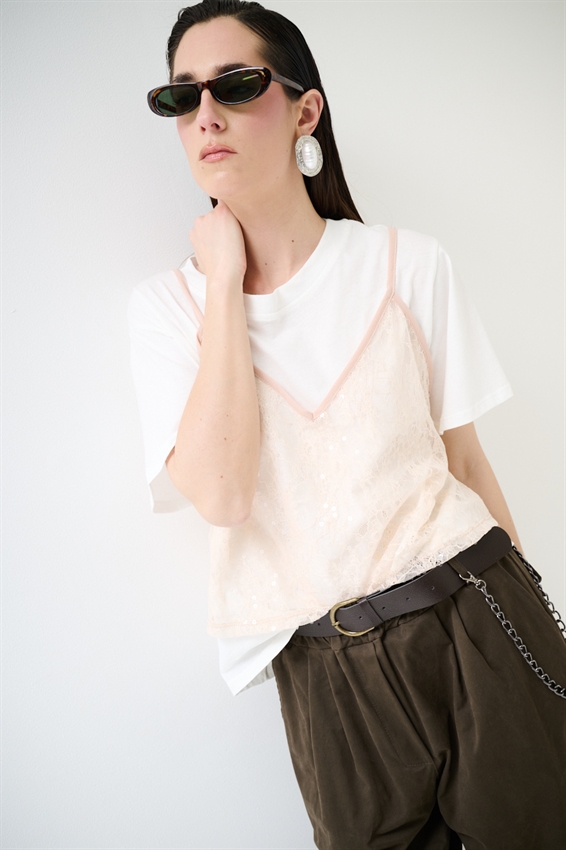 T-SHIRT IN COTONE CON TOP IN PIZZO ROSA