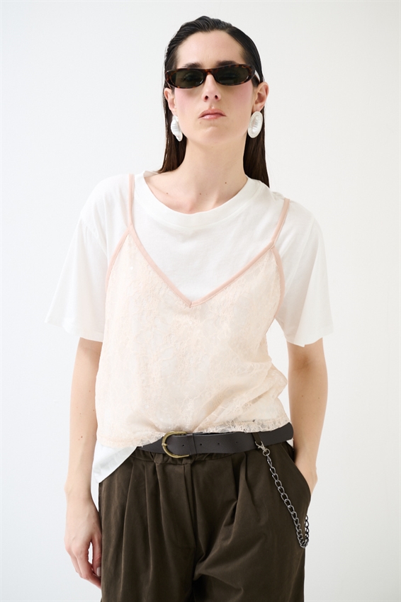 T-SHIRT IN COTONE CON TOP IN PIZZO ROSA