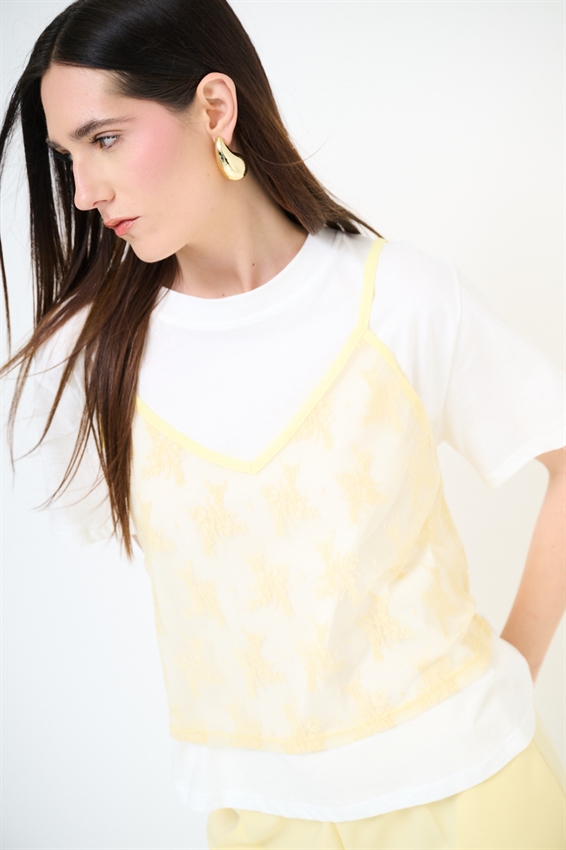 T-SHIRT CON TOP IN PIZZO GIALLO