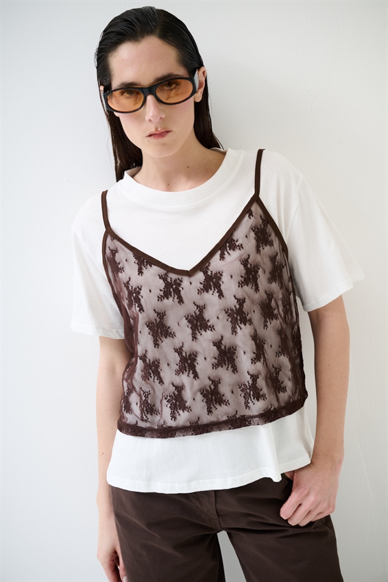 T-SHIRT CON TOP IN PIZZO MORO