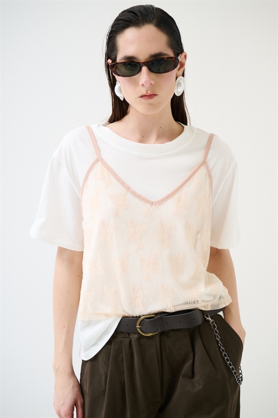 T-SHIRT CON TOP IN PIZZO ROSA