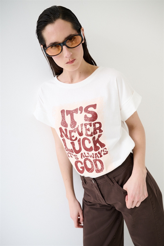 T-SHIRT CON STAMPA LUCK BIANCO