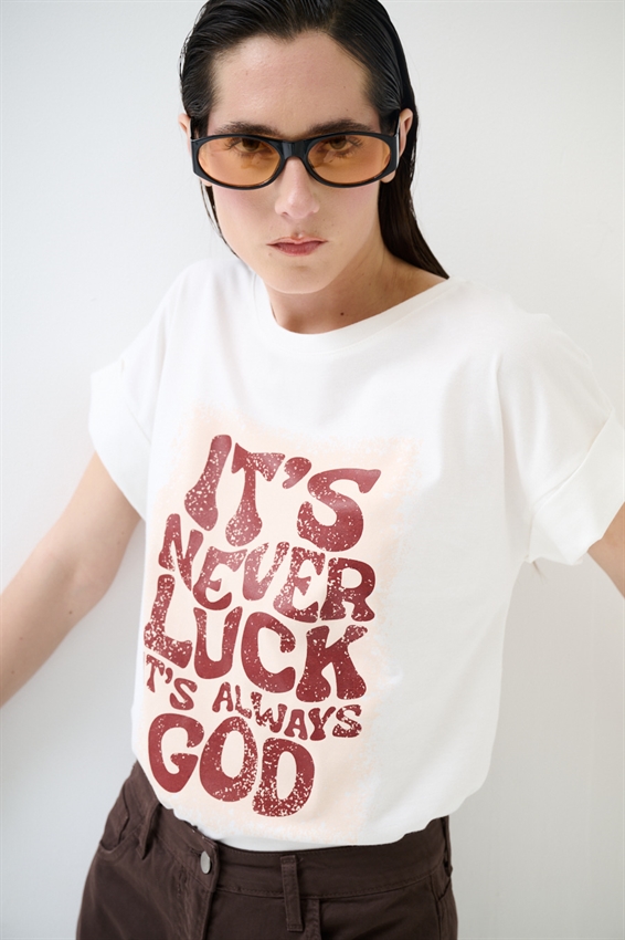 T-SHIRT CON STAMPA LUCK BIANCO