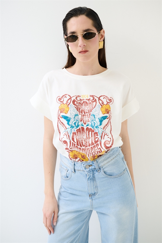T-SHIRT CON STAMPA HAPPINESS BIANCO