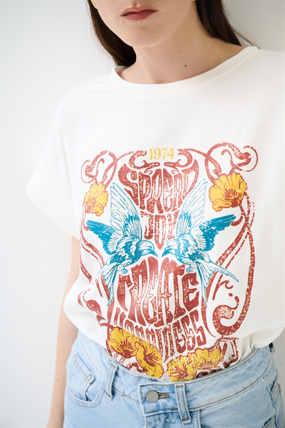 T-SHIRT CON STAMPA HAPPINESS BIANCO