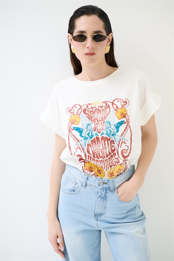 T-SHIRT CON STAMPA HAPPINESS BIANCO