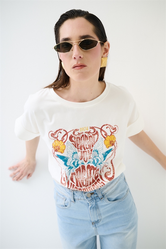 T-SHIRT CON STAMPA HAPPINESS BIANCO